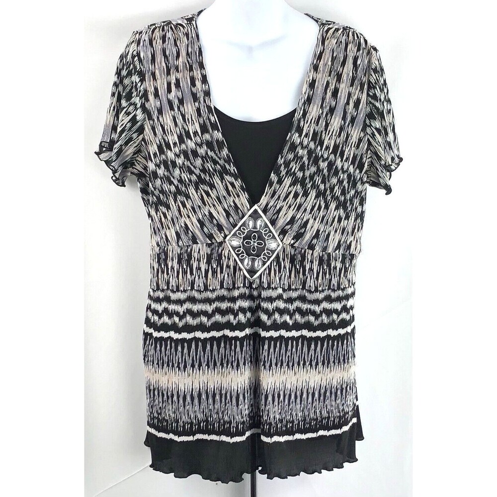 Vintage Pleated Ruffles Tunic Top XL Gray Blk Geo Beaded Short Sleeve Y2K boho